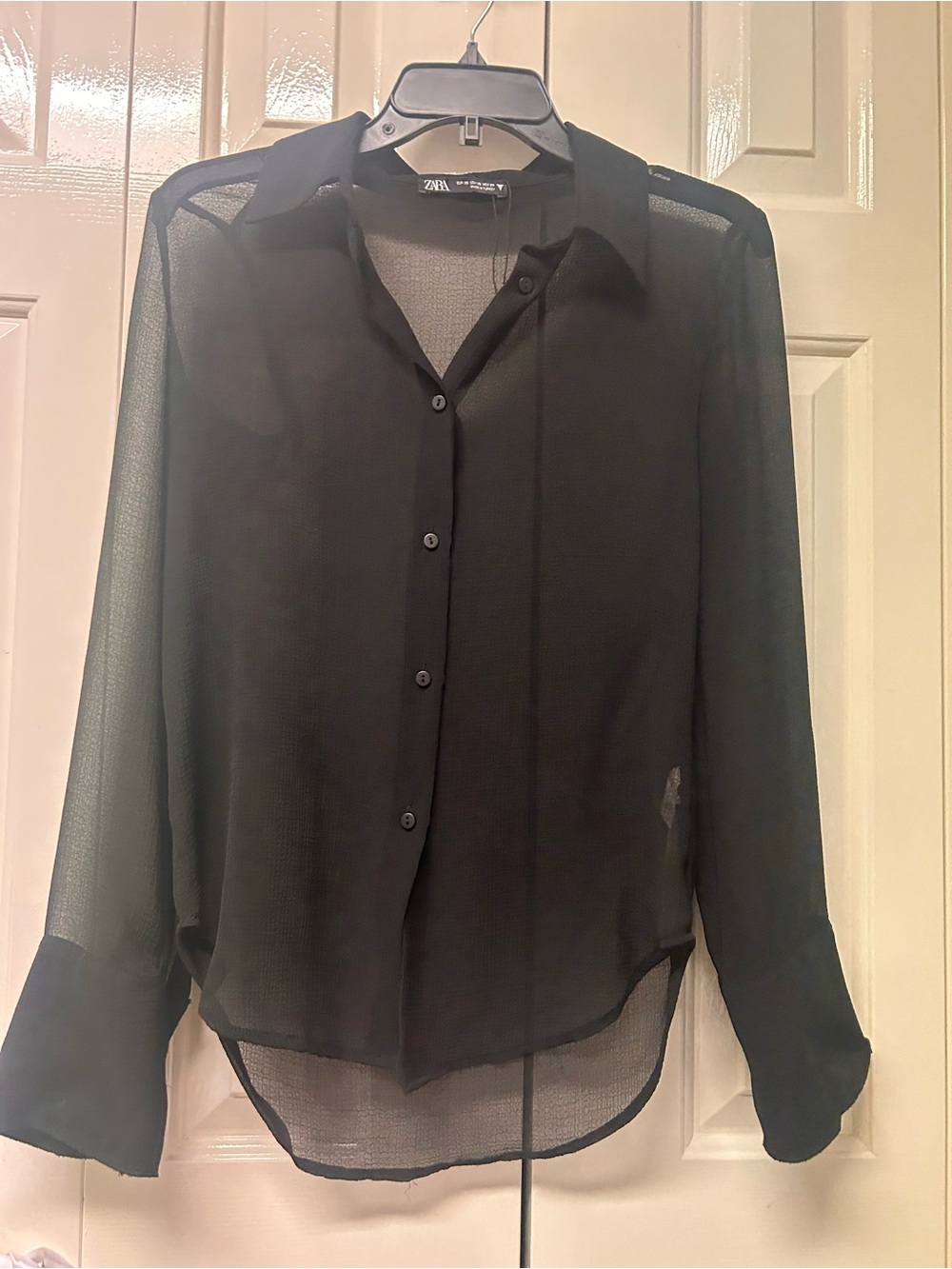 Zara Black Sheer Long-Sleeve Button Blouse